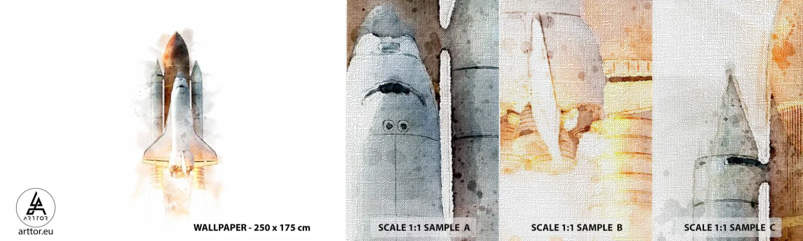 Mostră tapet Premium Canvas - Exploratorii la start - O rachetă spațială, Cosmos, Minimalism - 100x30 cm