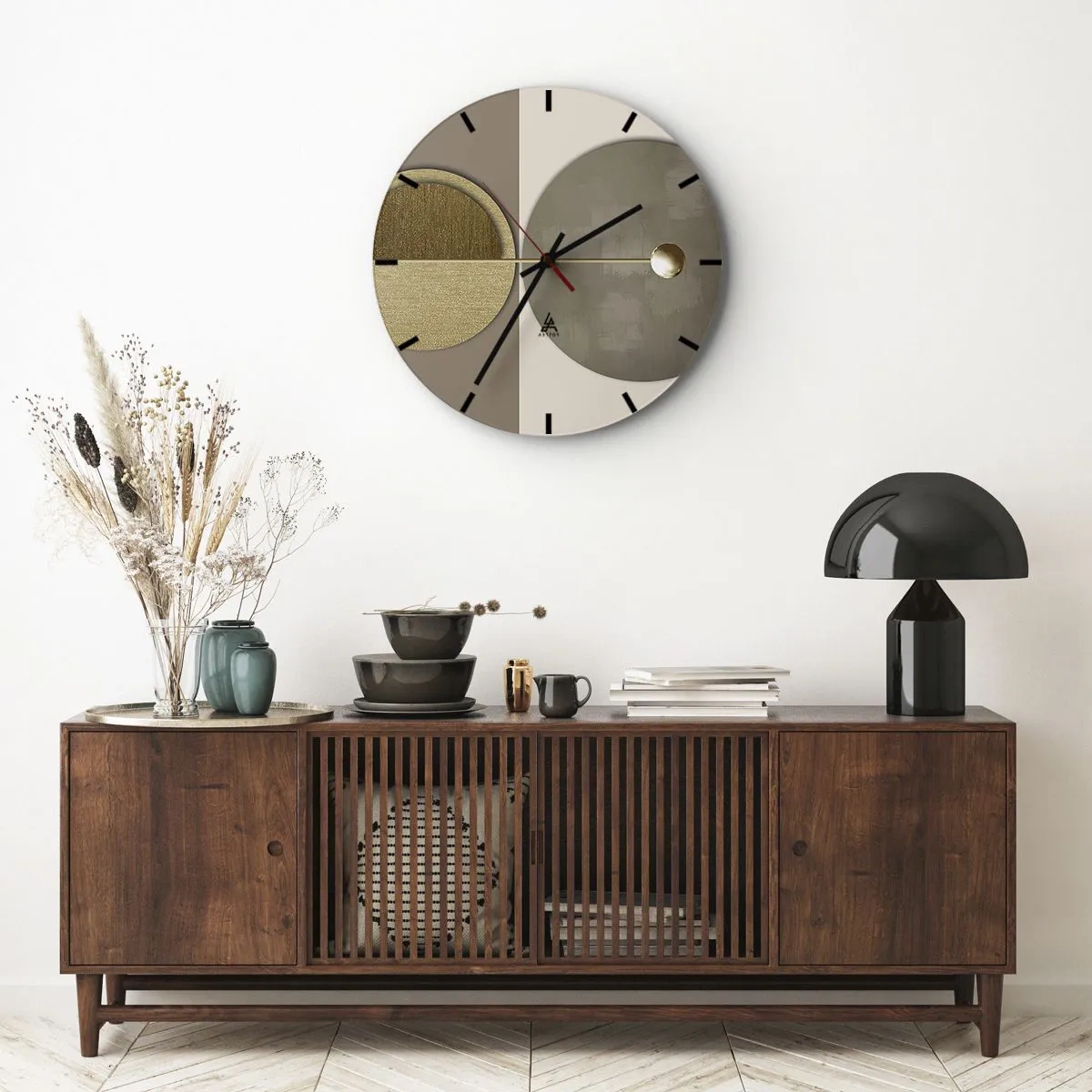Ceas de perete - Ceas pe sticlă - Forme geometrice aurii și bej pe un fundal contrastant - 30x30cm - Echilibru perfect - Decorațiune modernă pentru perete pentru living, bucătărie și dormitor ARTTOR
