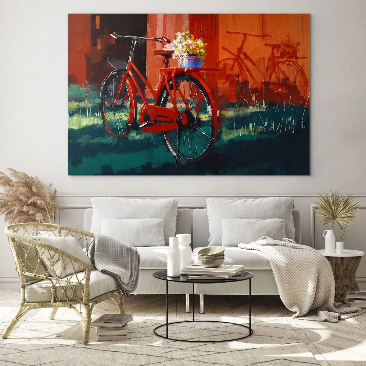 Tablou pe sticlă - O bicicletă roșie cu flori în fața unei clădiri roșii - 70x50cm - I want to ride my bicycle - Decorațiune modernă pentru perete pentru living și dormitor ARTTOR