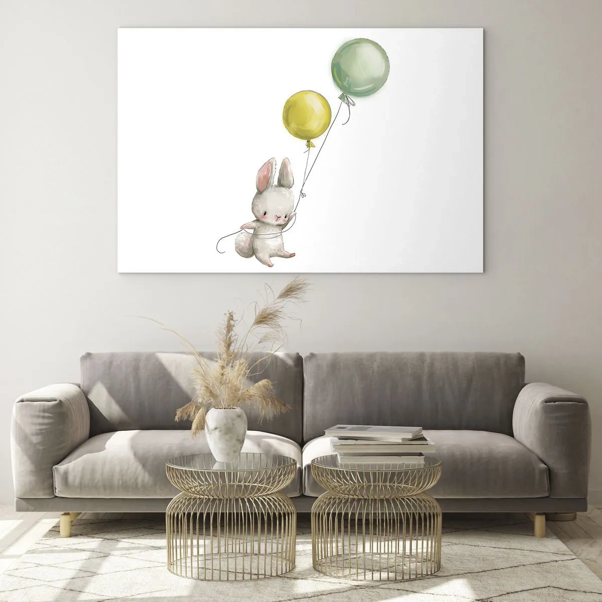 Tablou pe sticlă - Un iepuraș care ține două baloane - 70x50cm - Voi zbura și eu! - Decorațiune modernă pentru perete pentru living și dormitor ARTTOR