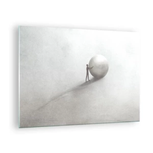 Tablou pe sticlă - O siluetă minimalistă a unui bărbat cu o minge mare pe un fundal deschis. - 70x50cm - Jocul vieții - Decorațiune modernă pentru perete pentru living și dormitor ARTTOR