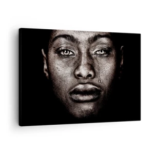 Tablou pe pânză Canvas - Portretul unei fețe cu o singură lacrimă pe fundal negru - 70x50cm - O singură lacrimă - Decorațiune modernă pentru perete pentru living și dormitor ARTTOR