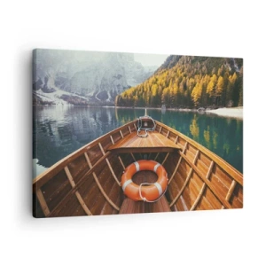 Tablou pe pânză Canvas - O barcă de lemn pe un lac de munte înconjurat de pădure - 70x50cm - Excursie pe munte - Decorațiune modernă pentru perete pentru living și dormitor ARTTOR