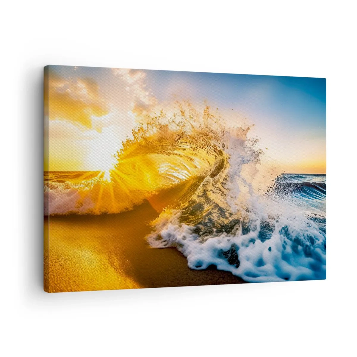Tablou pe pânză Canvas - Un val auriu pe fundalul soarelui care apune - 70x50cm - Joc în nisip - Decorațiune modernă pentru perete pentru living și dormitor ARTTOR