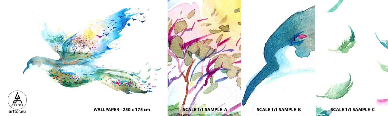 Mostră tapet autocolant Deluxe Sticker - Pe aripile naturii - Abstracția, Pasăre, Peisaj de vară - 100x30 cm