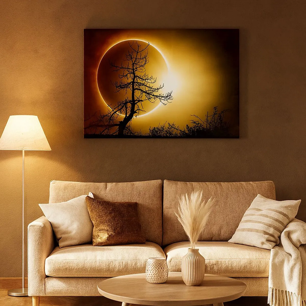 Tablou pe pânză Canvas - Eclipsă solară cu silueta unui copac în prim-plan - 70x50cm - Eclipsă totală - Decorațiune modernă pentru perete pentru living și dormitor ARTTOR