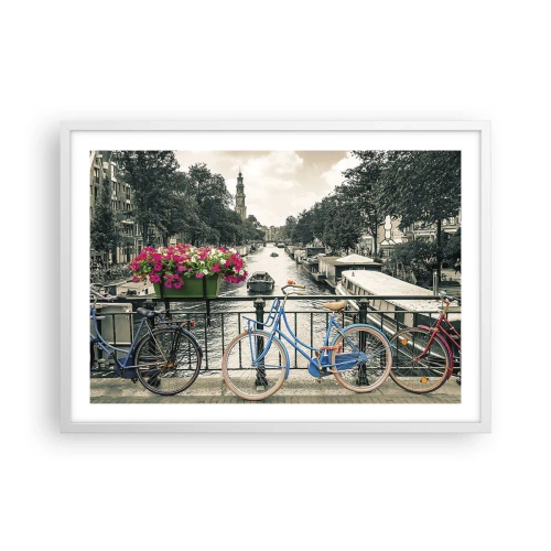 Poster în ramă albă - Culorile unui canal din Amsterdam - 70x50 cm