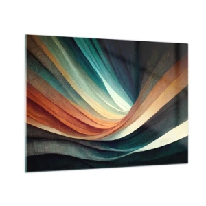 Tablou pe sticlă - Valuri colorate în nuanțe de turcoaz, portocaliu și bej - 70x50cm - Țesute din culori - Decorațiune modernă pentru perete pentru living și dormitor ARTTOR