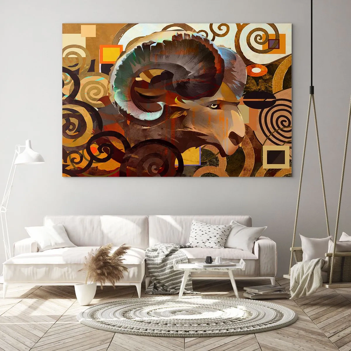 Tablou pe sticlă - O imagine artistică a unui berbec într-o compoziție geometrică și spiralată. - 70x50cm - Magii - religii - ritualuri - Decorațiune modernă pentru perete pentru living și dormitor ARTTOR