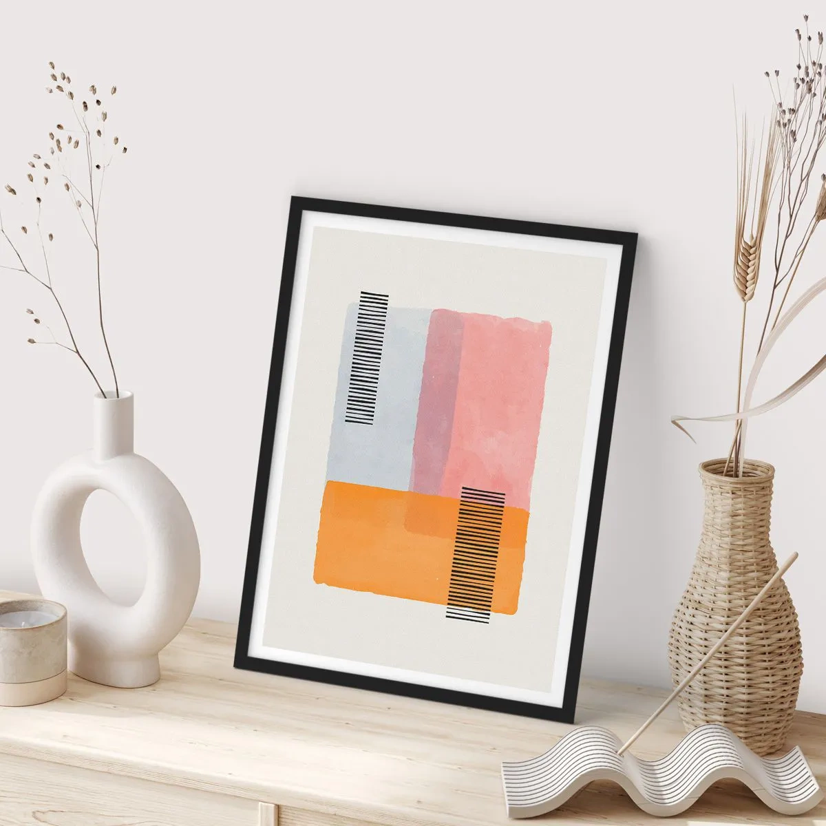 Poster în ramă neagră - Forme geometrice în culori pastelate cu accente de linii - 50x70cm - Din colț în colț - Decorațiune modernă pentru perete pentru living și dormitor ARTTOR