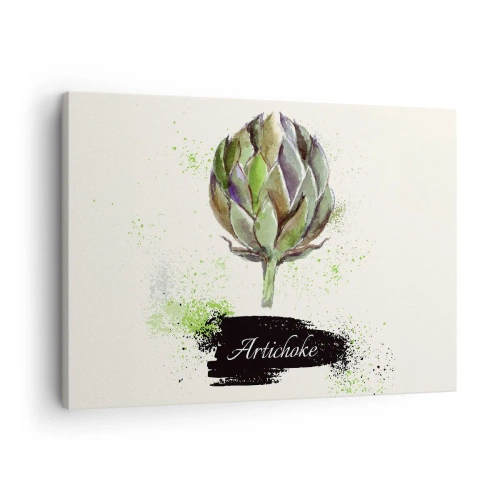 Tablou pe pânză Canvas - Anghinare în acuarelă cu text pe fundal deschis cu accente verzi - 70x50cm - Trăiască legumele! - Decorațiune modernă pentru perete pentru living și dormitor ARTTOR