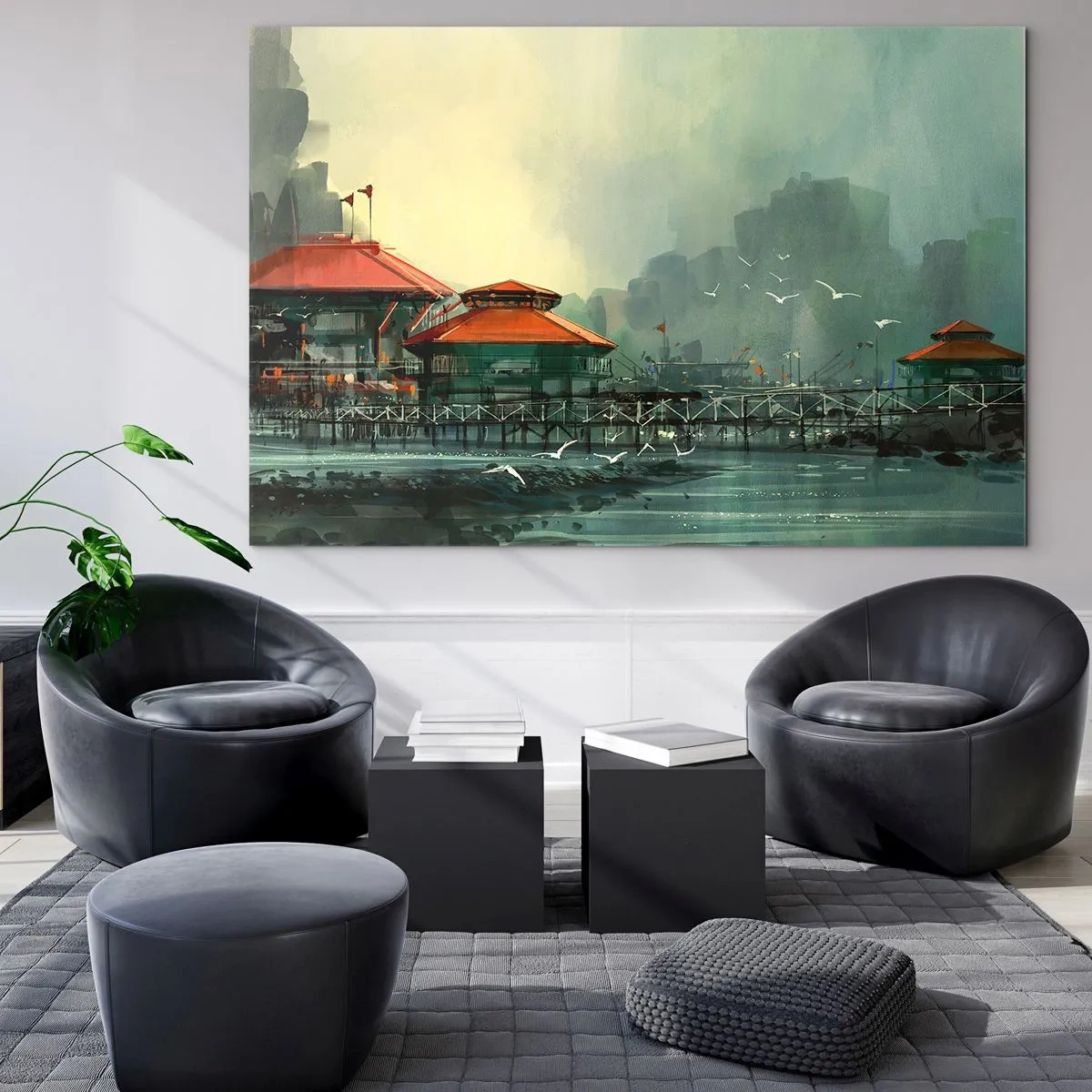 Tablou pe sticlă - O zi ploioasă în port - 100x70 cm