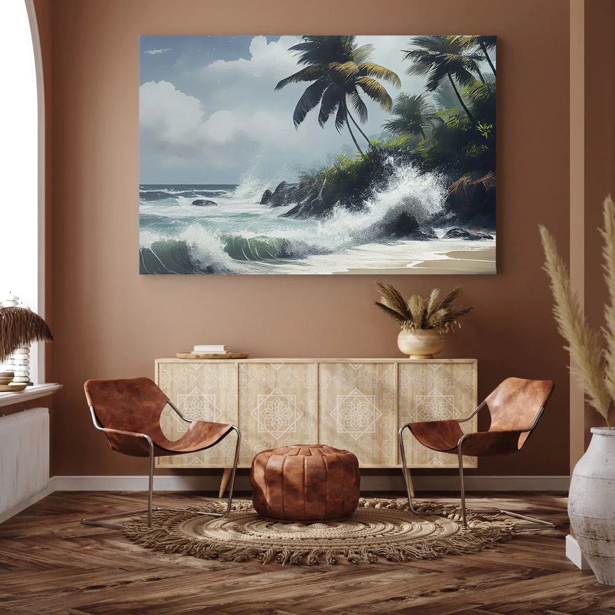 Tablou pe pânză Canvas - țărm tropical cu palmieri și o mare agitată - 70x50cm - Pe un țărm tropical - Decorațiune modernă pentru perete pentru living și dormitor ARTTOR