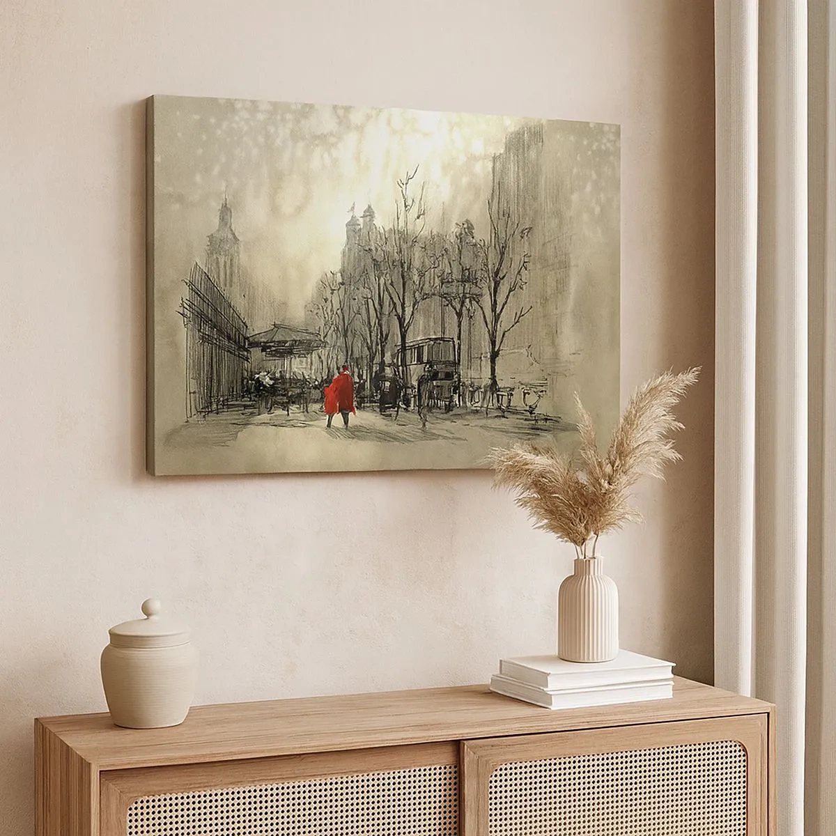 Tablou pe pânză Canvas - O figură roșie într-un decor urban nostalgic - 70x50cm - O întâlnire în ceața londoneză - Decorațiune modernă pentru perete pentru living și dormitor ARTTOR