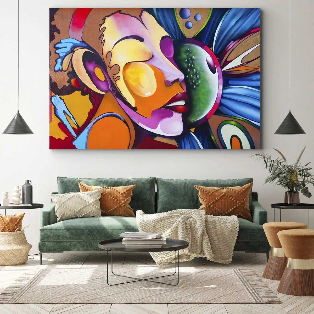 Tablou pe pânză Canvas - O abstracție colorată cu un motiv facial într-o compoziție dinamică - 70x50cm - Atingere de culoare - Decorațiune modernă pentru perete pentru living și dormitor ARTTOR