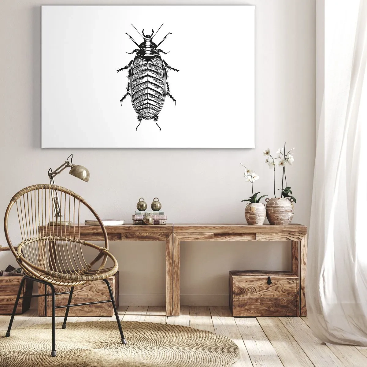 Tablou pe pânză Canvas - Grafică a unei insecte alb-negru pe fundal alb - 70x50cm - Ce specimen! - Decorațiune modernă pentru perete pentru living și dormitor ARTTOR