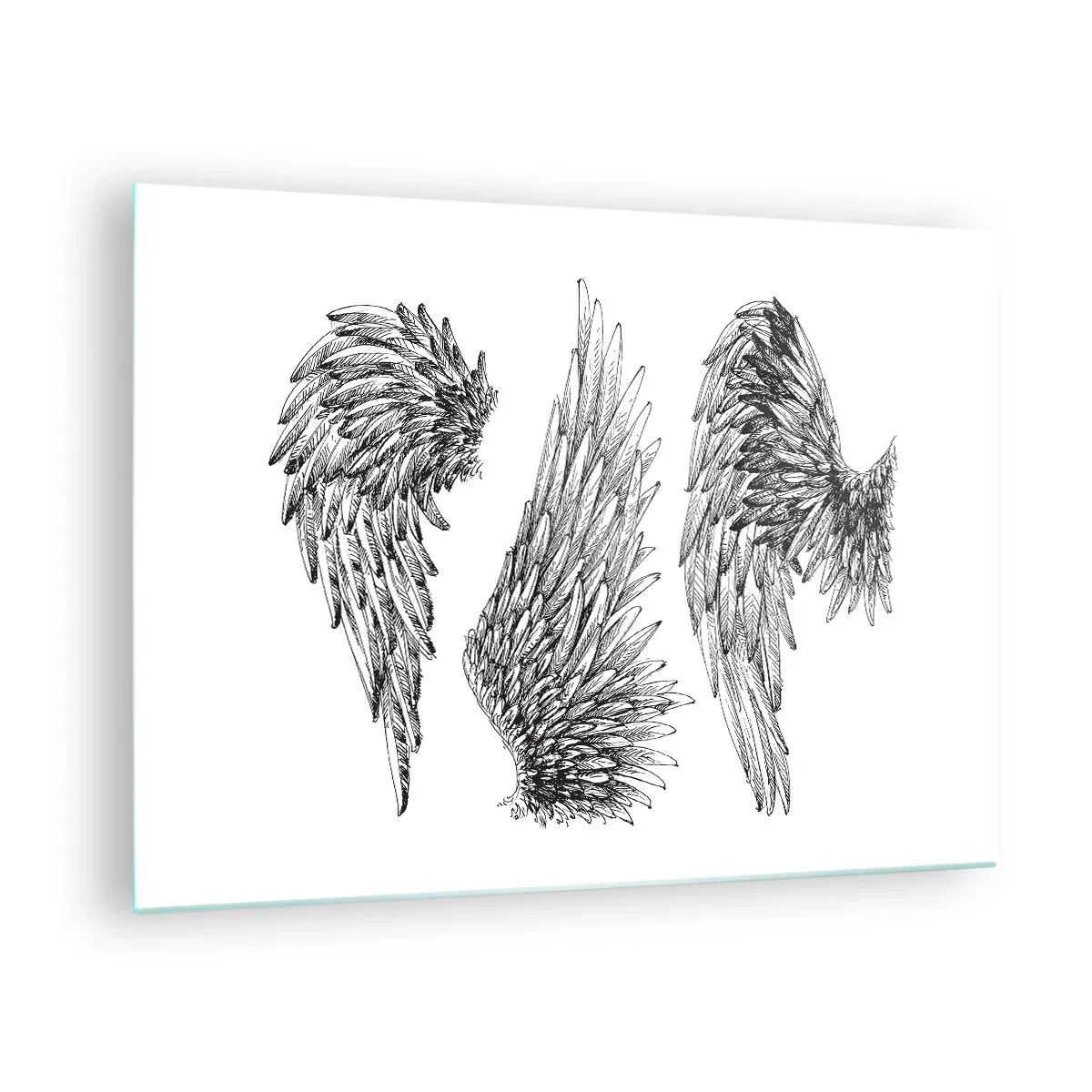 Tablou pe sticlă - Aripi de înger în grafică artistică alb-negru - 70x50cm - Și tu poți fi un înger - Decorațiune modernă pentru perete pentru living și dormitor ARTTOR