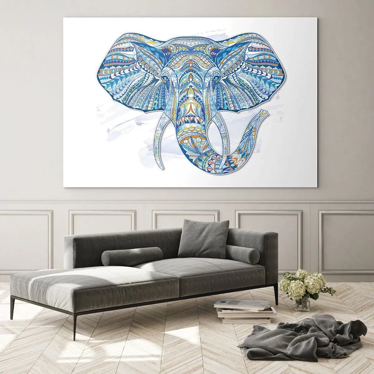 Tablou pe sticlă - Elefant albastru într-un stil artistic cu modele geometrice - 70x50cm - Incrustat cu aur și albastru - Decorațiune modernă pentru perete pentru living și dormitor ARTTOR