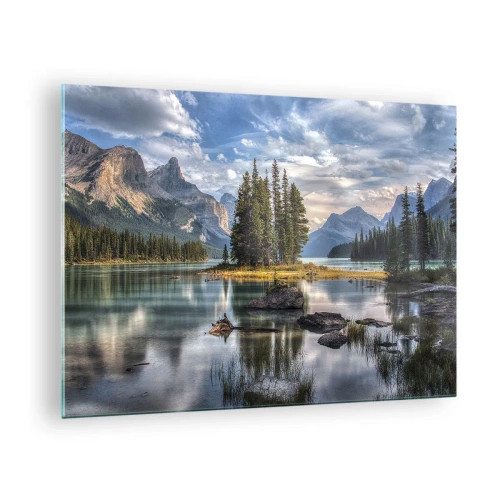 Tablou pe sticlă - Un lac pitoresc cu o insulă și munți în fundal - 70x50cm - La o apă mare și limpede… - Decorațiune modernă pentru perete pentru living și dormitor ARTTOR