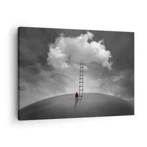 Tablou pe pânză Canvas - persoană într-o haină roșie și o scară care duce spre un nor - 70x50cm - Orice este posibil - Decorațiune modernă pentru perete pentru living și dormitor ARTTOR