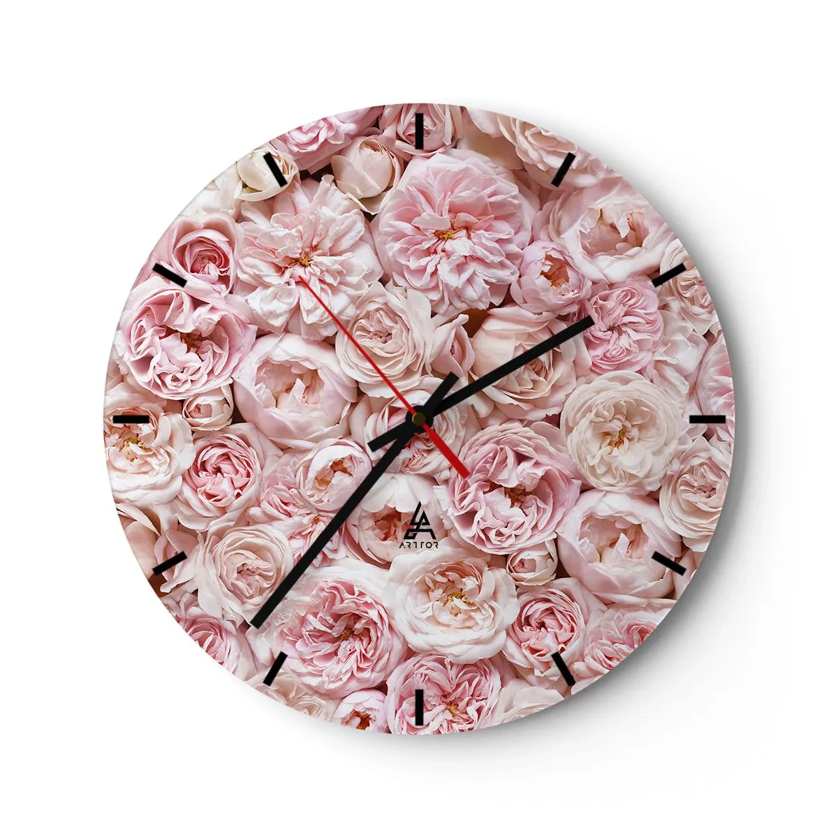 Ceas de perete - Ceas pe sticlă - Un buchet dens de trandafiri roz deschis în plină floare - 30x30cm - Presărat cu trandafiri - Decorațiune modernă pentru perete pentru living, bucătărie și dormitor ARTTOR