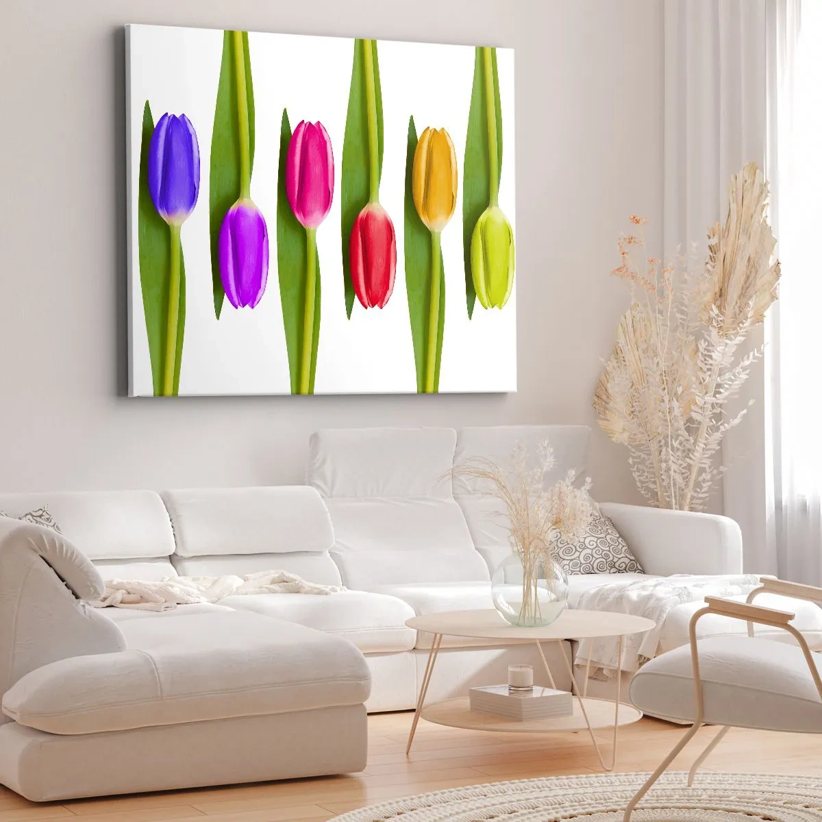 Tablou pe pânză Canvas - Lalele multicolore aranjate la rând pe un fundal alb - 70x50cm - Compoziție curcubeu - Decorațiune modernă pentru perete pentru living și dormitor ARTTOR
