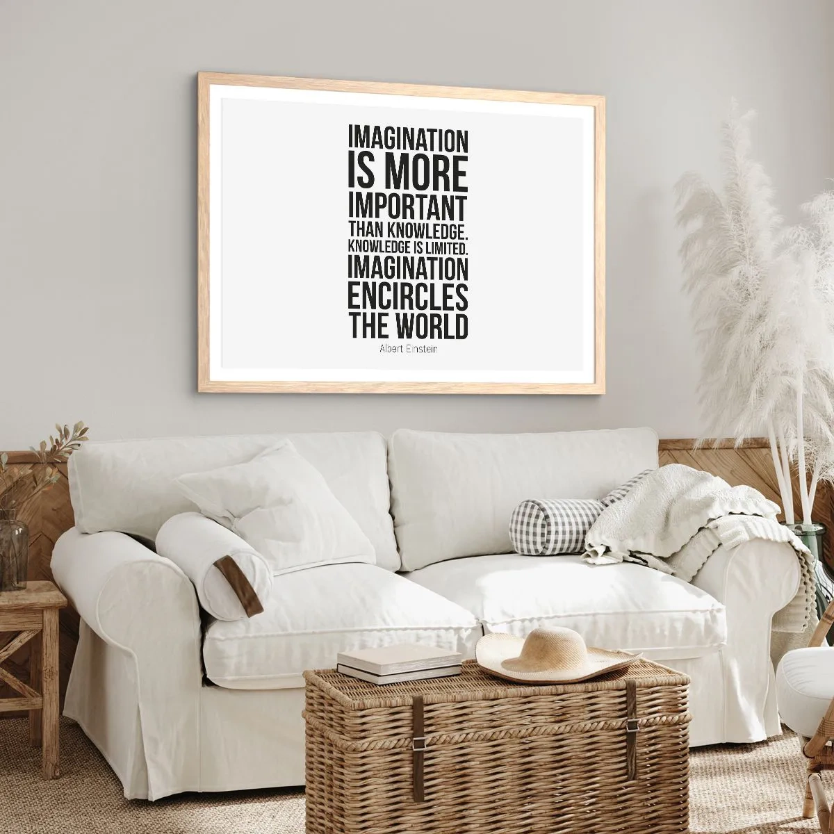 Poster în ramă de stejar deschis - Einstein despre puterea imaginației - 100x70 cm