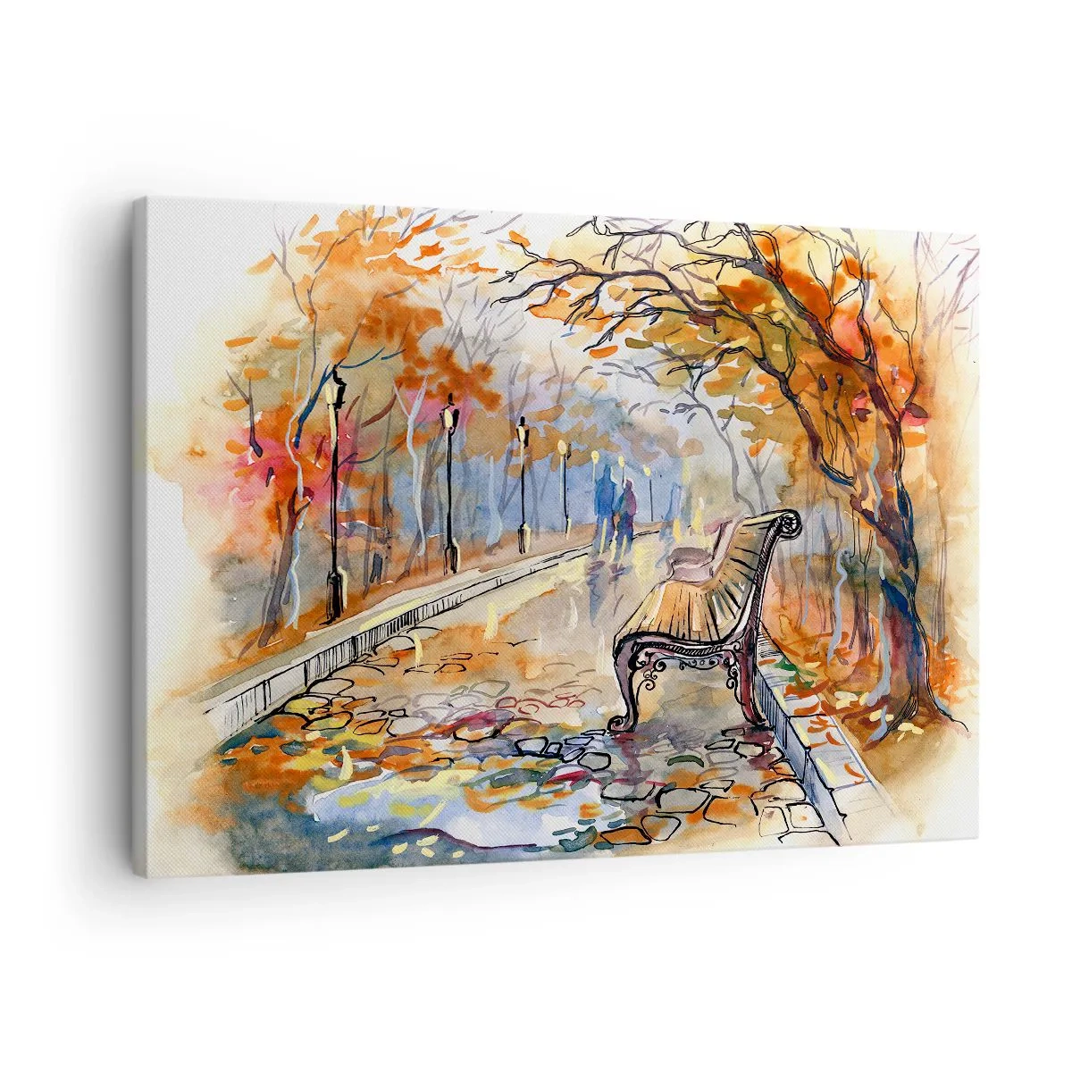 Tablou pe pânză Canvas - Un parc de toamnă cu o bancă în acuarelă - 70x50cm - Pășim împreună în toamnă - Decorațiune modernă pentru perete pentru living și dormitor ARTTOR