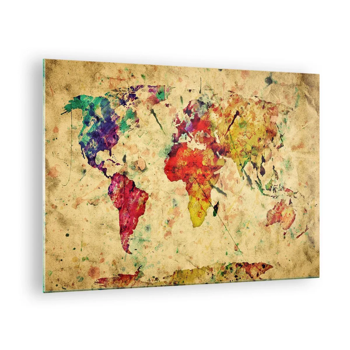 Tablou pe sticlă - Hartă colorată a lumii pe un fundal texturat, vintage - 70x50cm - Viața ca o hartă colorată - Decorațiune modernă pentru perete pentru living și dormitor ARTTOR