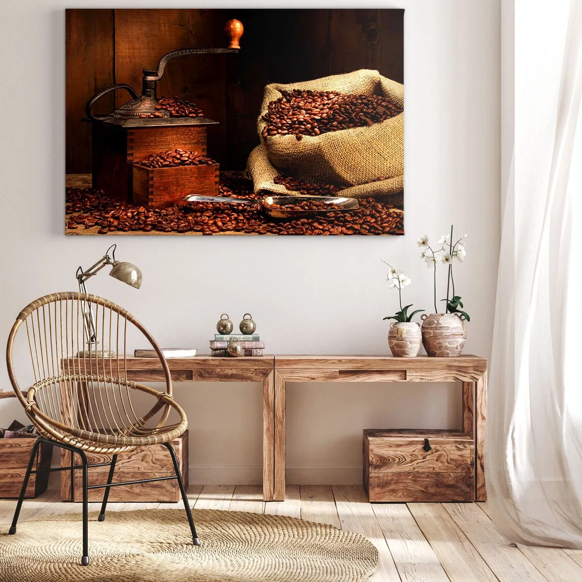 Tablou pe pânză Canvas - O râșniță de cafea veche cu boabe și o pungă, în stil rustic. - 70x50cm - Natură moartă cu boabe de cafea și măcinător - Decorațiune modernă pentru perete pentru living și dormitor ARTTOR