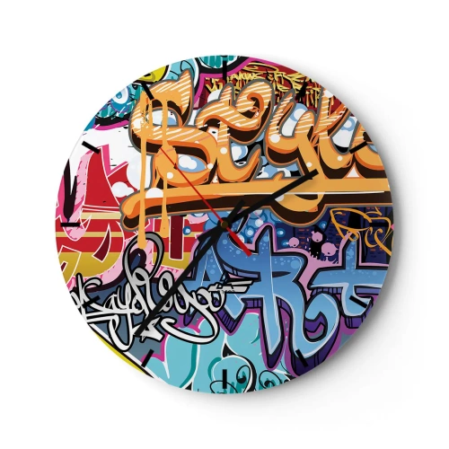 Ceas de perete - Ceas pe sticlă - Un cadran de ceas cu motiv graffiti în culori strălucitoare - 30x30cm - Picturi murale, picturi murale... - Decorațiune modernă pentru perete pentru living, bucătărie și dormitor ARTTOR