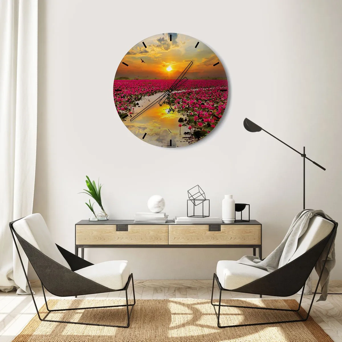 Ceas de perete - Ceas pe sticlă - Un câmp de flori de lotus roz la apus - 30x30cm - Viața secretă a lacului - Decorațiune modernă pentru perete pentru living, bucătărie și dormitor ARTTOR