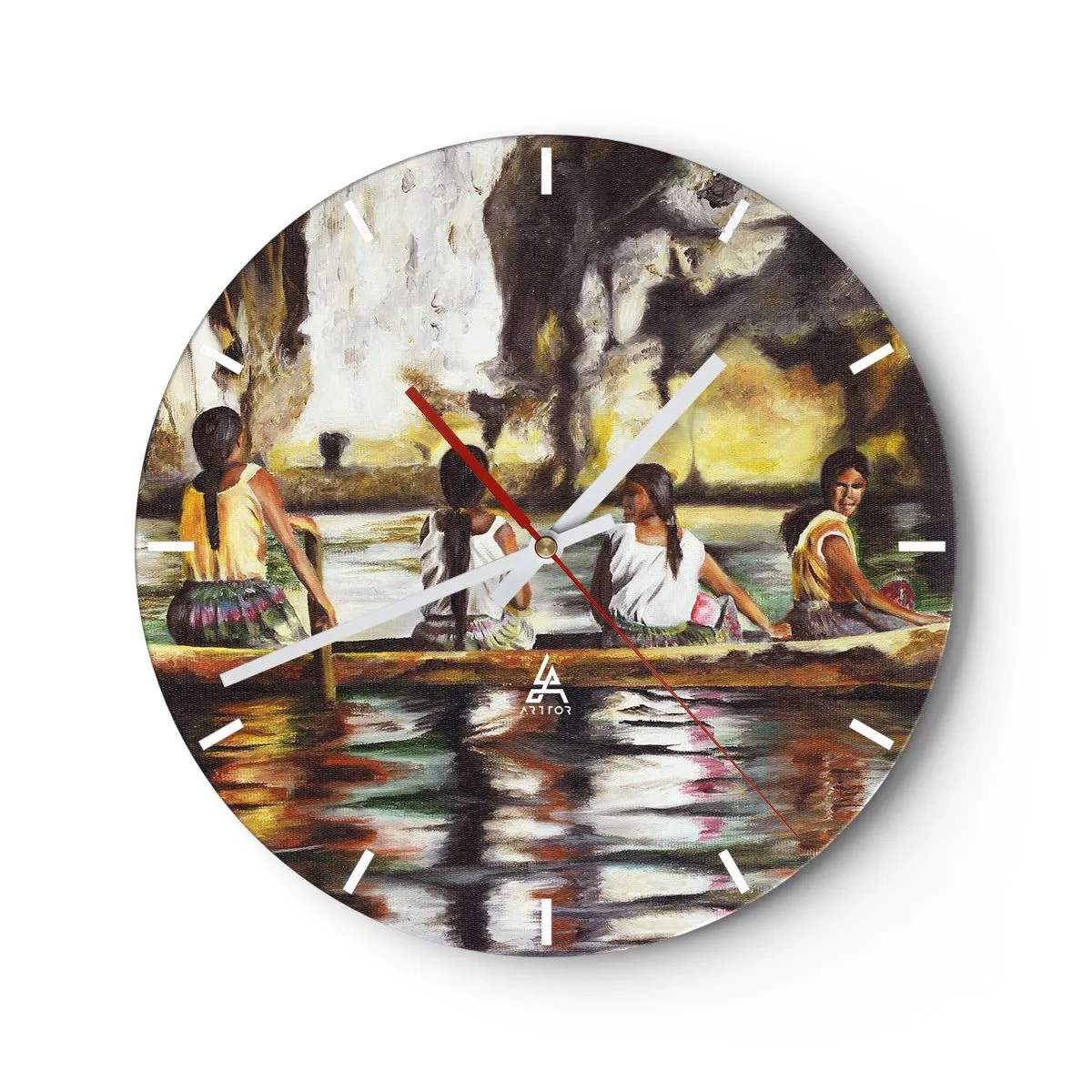 Ceas de perete - Ceas pe sticlă - Femei pe o barcă într-un peisaj tropical cu apă și pietre - 30x30cm - Într-un paradis polinezian - Decorațiune modernă pentru perete pentru living, bucătărie și dormitor ARTTOR