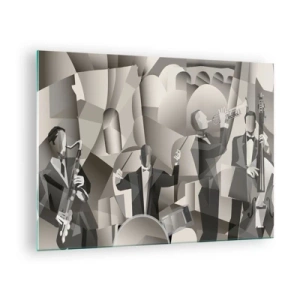 Tablou pe sticlă - Scenă stilizată pentru o trupă de jazz în tonuri monocromatice - 70x50cm - În spațiul sunetelor - Decorațiune modernă pentru perete pentru living și dormitor ARTTOR