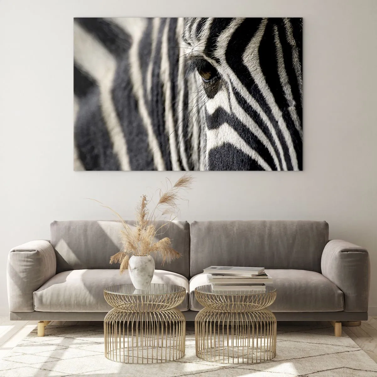 Tablou pe sticlă - Prim-plan al ochiului unei zebre și al dungilor albe și negre - 70x50cm - Portret cu dungi - Decorațiune modernă pentru perete pentru living și dormitor ARTTOR