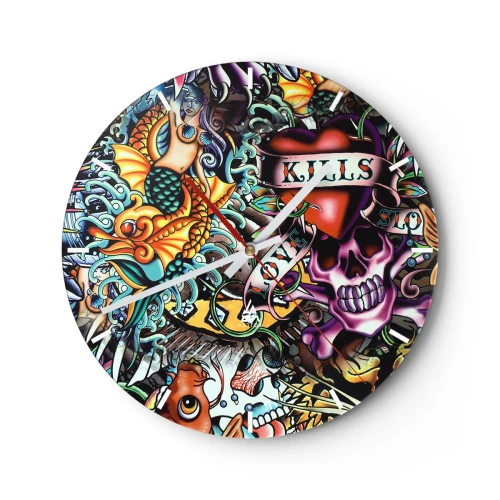 Ceas de perete - Ceas pe sticlă - Motiv colorat de tatuaj cu craniu, sirenă și inimă - 30x30cm - Visul unui artist tatuator - Decorațiune modernă pentru perete pentru living, bucătărie și dormitor ARTTOR