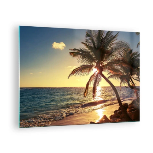 Tablou pe sticlă - Plajă tropicală cu palmieri în lumina soarelui care apune - 70x50cm - Vara sub palmieri - Decorațiune modernă pentru perete pentru living și dormitor ARTTOR