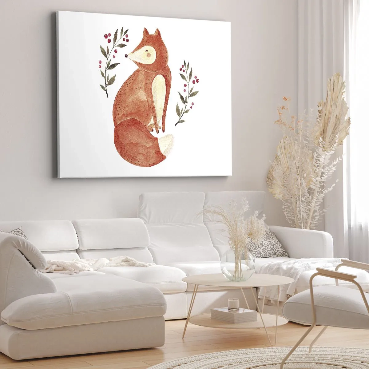 Tablou pe pânză Canvas - O vulpe în acuarelă înconjurată de crenguțe cu fructe de pădure - 70x50cm - Micuțul roșcat - Decorațiune modernă pentru perete pentru living și dormitor ARTTOR