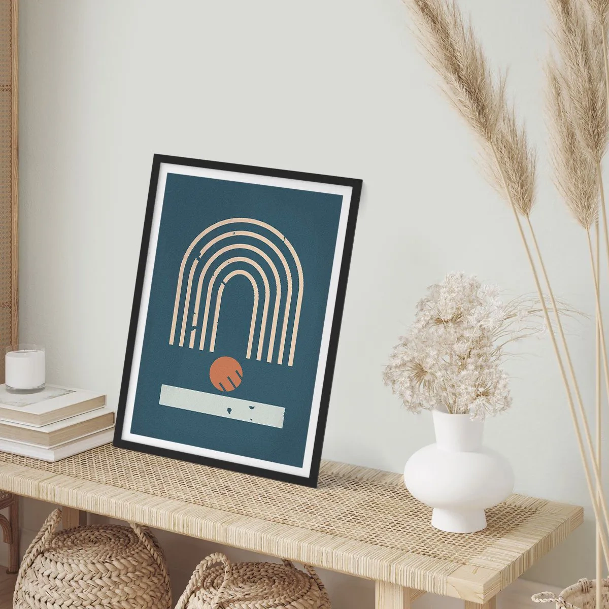 Poster în ramă neagră - Arcuri geometrice și o sferă pe un fundal întunecat - 50x70cm - Geometrie în funcție de rodie - Decorațiune modernă pentru perete pentru living și dormitor ARTTOR