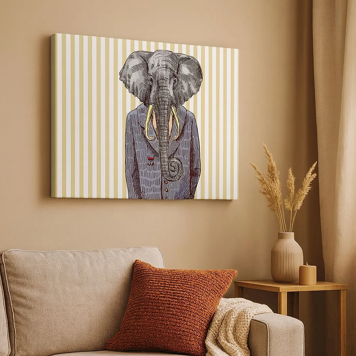 Tablou pe pânză Canvas - Un elefant în costum pe un fundal de dungi bej - 70x50cm - Elegant prin natură - Decorațiune modernă pentru perete pentru living și dormitor ARTTOR