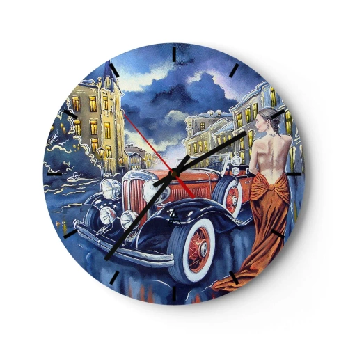 Ceas de perete - Ceas pe sticlă - O femeie într-o rochie portocalie lângă o mașină retro, cu un oraș în fundal. - 30x30cm - Nocturne în albastru și coral - Decorațiune modernă pentru perete pentru living, bucătărie și dormitor ARTTOR