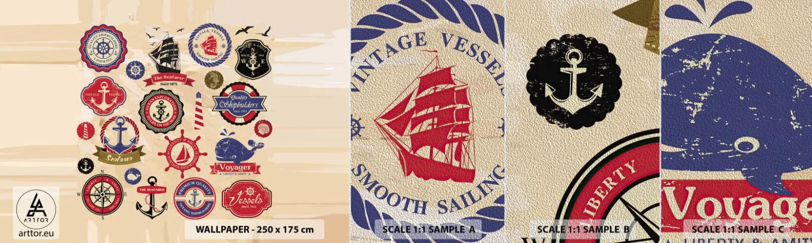 Mostră tapet Premium Sand - Frăția navigării - Nautic, Ancoră, Busolă - 100x30 cm