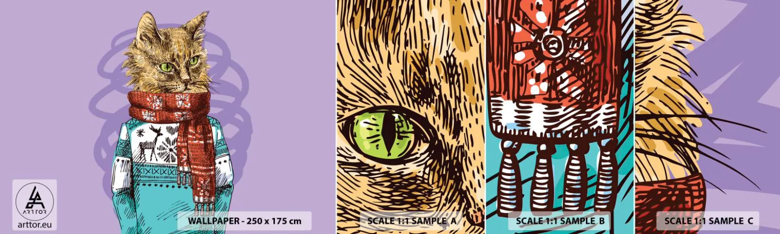 Mostră de Tapet Standard Eco - Motanul nu numai încălțat - Abstracția, Pisică, Pulover de lână - 100x30 cm