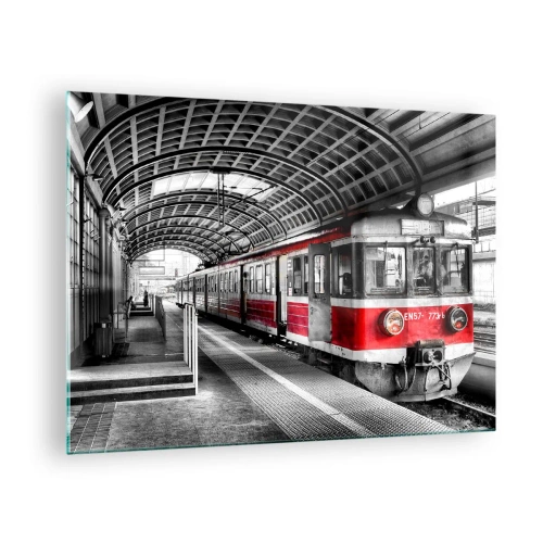 Tablou pe sticlă - Tren roșu la stația sub acoperiș - 70x50cm - Poate este o călătorie de o viață? - Decorațiune modernă pentru perete pentru living și dormitor ARTTOR