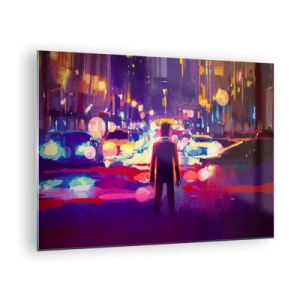 Tablou pe sticlă - O figură într-o lumină de noapte colorată, în stil futurist, a orașului - 70x50cm - Scufundat în lumină - Decorațiune modernă pentru perete pentru living și dormitor ARTTOR