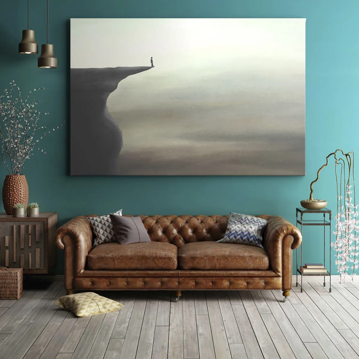Tablou pe pânză Canvas - Silueta unei figuri pe marginea unei stânci într-un peisaj cețos - 70x50cm - În sus, bineînțeles! - Decorațiune modernă pentru perete pentru living și dormitor ARTTOR