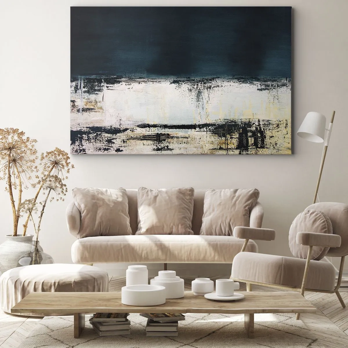 Tablou pe pânză Canvas - Compoziție orizontală abstractă în nuanțe de albastru marin și alb - 70x50cm - Compoziție orizontală - Decorațiune modernă pentru perete pentru living și dormitor ARTTOR