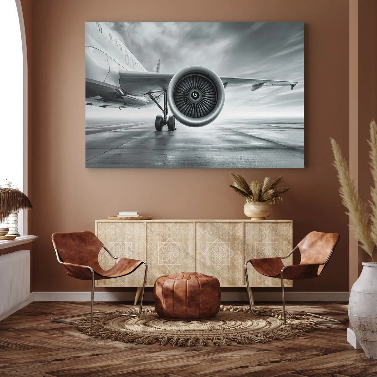 Tablou pe pânză Canvas - Motorul cu reacție al unui avion pe pistă - 70x50cm - Ce putere! - Decorațiune modernă pentru perete pentru living și dormitor ARTTOR