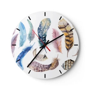 Ceas de perete - Ceas pe sticlă - Pene colorate în stil acuarelă - 30x30cm - Ușoare și colorate - Decorațiune modernă pentru perete pentru living, bucătărie și dormitor ARTTOR