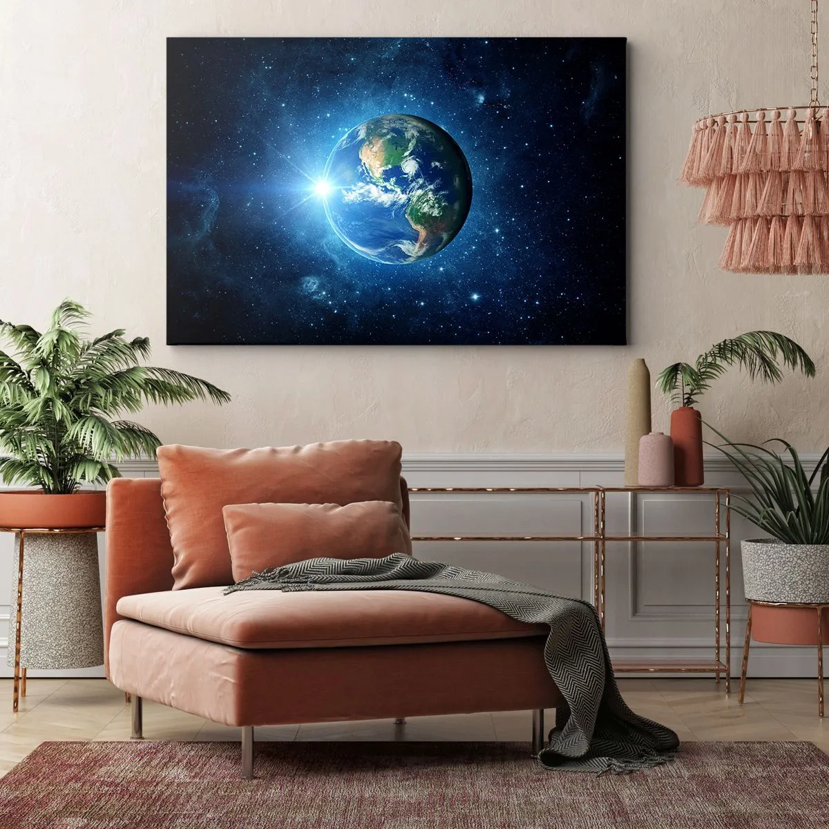 Tablou pe pânză Canvas - Pământul în spațiu, înconjurat de stele și lumină - 70x50cm - Suntem în ceruri - Decorațiune modernă pentru perete pentru living și dormitor ARTTOR